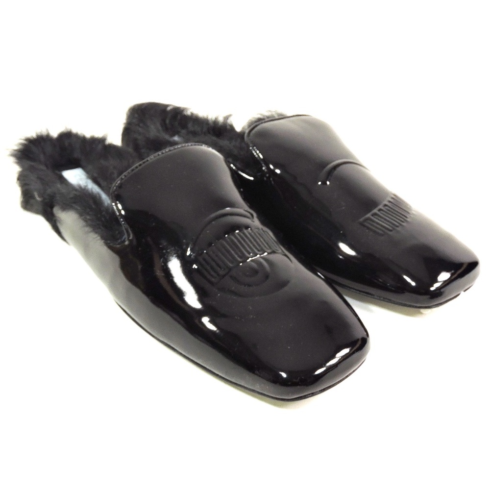 CHIARA FERRAGNI 🇮🇹 BLACK PATENT LEATHER WOMENS LAMB FUR FLAT COMFORT MULES